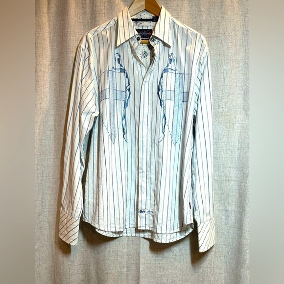 ENGLISH LAUNDRY long sleeve blue white stripe floral KNIGHTS SHIELD shirt. Large - Picture 1 of 16